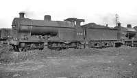 Fowler 4F 0-6-0 no 43968 on Stourton shed (55B), thought to be in 1959. The locomotive was allocated to 55B between 1959 and 1963 and was eventually withdrawn from Royston shed at the end of 1965. [Former long-term mystery image - with thanks to Messrs Smith, Laidlaw, Byers, Salveson, Jamieson, Morgan - and, last but not least, Kenneth Gray who has now confirmed the location] <br><br>[K A Gray //1959]