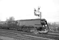 Bulleid 'Battle of Britain' Pacific no 34057 <I>Biggin Hill</I> photographed during a photostop at Romsey with the LCGB <I>Hampshire Branch Lines Rail Tour</I> on 9 April 1967. The locomotive had taken charge at Salisbury and took the special forward as far as Southampton Central.<br><br>[Robin Barbour Collection (Courtesy Bruce McCartney) //]