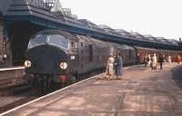 On a summer's day in 1961 NBL Type 2 D6109 and an unidentified sister locomotive bring the 10.00 Dundee West - Glasgow Buchanan Street to a halt at Platform 1 in Perth station. A year later the notoriously unreliable NBLs were displaced from express passenger operation, and all had been withdrawn from service by 1971.<br><br>[Frank Spaven Collection (Courtesy David Spaven) //1961]