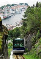 This line opened on 15 January 1918. The funicular has two carriages, this is the blue one, Blmann, and is close to the midway station, Skansemyren, in this view. <br><br>[Ewan Crawford 28/07/2011]