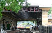 View north through the recently re-roofed Pickering station on 28 June 2011. D7628 is standing at the far end of platform 1 with an empty train.<br><br>[John Furnevel /06/2011]