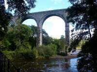 Looking up at Lambley viaduct on the former Alston branch in September 2003. Seen from the pedestrian footbridge over the South Tyne.<br><br>[John Furnevel 22/09/2003]