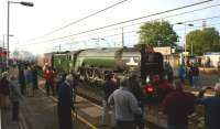 <I>The Caledonian Tornado</I> hauled by A1 no 60163 arrives at Leyland on the morning of 21 September 2011 during a railtour from Crewe to Glasgow Central. Although several diesel hauled railtours have picked up at Leyland in recent years (and many steam hauled tours pass the station) this is the first steam locomotive for some time that has stopped to pick up and it resulted in quite a lot of local interest. <br>
<br><br>[John McIntyre 21/09/2011]