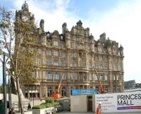 Looking as good as ever under an autumn sun - the North British Railway's landmark at the east end of Princes Street, now the Balmoral Hotel [but still widely referred to as 'The NB'], seen here in September 2011 looking on as work continues on preparations for escalators at the side and trams at the front. <br><br>[John Furnevel 27/09/2011]