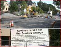 Advance works in progress on the Waverley trackbed just east of the pedestrian footbridge on Low Buckholmside, Galashiels, on 28 September 2011 - plus a closeup of the notice.<br><br>[John Furnevel 28/09/2011]