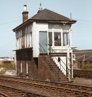 The signal box at Gorgie Junction seen from the south in the late spring of 1971, with the line to Haymarket West Junction curving away to the left and that to Haymarket Central Junction running past the far side of the box. [See image 3356]<br><br>[Bill Jamieson //1971]