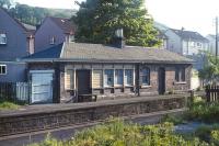 The abandoned building on the westbound platform at Blackford Hill station (closed September 1962), photographed in the late spring of 1971.<br>
<br><br>[Bill Jamieson //1971]