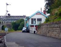 Falsgrave signal box at the entrance to Scarborough station on 3 October 2009.<br><br>[Colin Miller 03/10/2009]