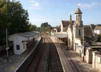 The delightful station of the former Midland Counties Railway at Stamford, Lincolnshire, looking west on 27 September 2011. Although there are only two operational platforms today, the one on the left has many indications that at one time it was an island platform. The disused (and slightly derelict) signalbox can be seen beyond the main station building.<br>
<br><br>[John McIntyre 27/09/2011]