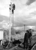 Borders Railway champion Simon Longland atop a signal pole at Kincardine Junction in 1975. The signalling was undergoing renewal - only a few years before closure of the signal box - and the lattice post equipment was being salvaged for the Strathspey Railway.<br>
<br><br>[Bill Roberton //1975]