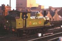 One of the smartly turned out Newcastle Central station pilots, NER J72 no 68723, is caught by the evening sun. Photographed from a passing train on 30 June 1961. <br>
<br><br>[Frank Spaven Collection (Courtesy David Spaven) 30/06/1961]