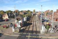 <I>It can't be... surely not...???</I>  As I recall, the Airfix model of a Midland Railway signal box was usually provided with the name 'Oakham Level Crossing'. Well, here is the real Oakham Level Crossing signal box, viewed looking north from Stamford Road footbridge towards Melton Mowbray on 27 September 2011, with Oakham station in the background.<br>
<br><br>[John McIntyre 27/09/2011]