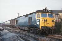 Empty stock train approaching Carnforth station on the up main line on 9 May 1970 with D425 in charge. The WTT of the day shows 5M20 as being the 11.50 Perth to Carlisle Yard ECS, but it evidently ran much further south than that. <br>
<br><br>[Bill Jamieson 09/05/1970]