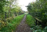 Looking south east across Camps Viaduct over the River Almond on 10 October 2011. In what was once Lothian shale mining country, the mineral line was part of a network serving quarries, oil works and other related activities in the surrounding area. This section of the line was closed in 1959 and today it carries a walkway through what is now Almondell Country Park.<br><br>[John Furnevel 10/10/2011]