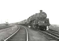 Corkerhill Standard class 5 4-6-0 no 73122 stands with a lengthy freight in the sidings at Irvine Goods, thought to be in the early sixties, with the direct line to Kilmarnock via Crosshouse over to the left. The origin and destination of the train are unknown (see query responses). The locomotive was withdrawn from Corkerhill in 1965, the same year the line was closed completely between Irvine and Crosshouse.<br><br>[Ken Browne Collection //]