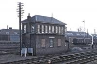 Ladybank Junction signalbox in March 1971. The photograph is taken from a passing Millerhill to Inverness freight, to which a number of extra brake vans had been attached for the benefit of an Edinburgh University Railway Society party anxious to 'bash' the freight line through Newburgh. <br>
<br><br>[Bill Jamieson 03/03/1971]