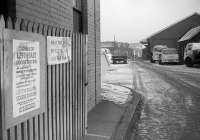 The former Caledonian Leith East goods station on a cold winter's day in late 1973, photographed from the road entrance on Salamander Place. The poster advises closure of the yard on 31 December that year.<br><br>[Bill Roberton //1973]