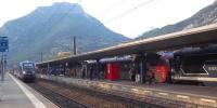 A TER Rhone Alpes X73500 two car dmu on a regional service arrives at Grenoble from the north on 27 September while, to the right, diesel locomotive No 567370 heads a fairly tatty looking set on a TER Bourgogne express for Dijon.<br><br>[Andrew Wilson 27/09/2011]