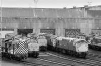 The east end of Eastfield shed on 7 March 1992, dominated by classes 08, 26 and 37.<br><br>[Bill Roberton 07/03/1992]