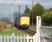 Deltic 55002 <I>The Kings Own Yorkshire Light Infantry</I> approaches Townsend Fold level crossing with a Rawtenstall - Heywood service on 15 October 2011.<br>
<br><br>[John McIntyre 15/10/2011]