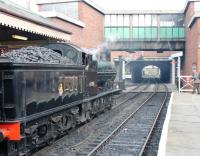 LNWR 7F 0-8-0 <I>Super D</I> 49395 proved a popular visitor to the ELR for the Autumn Steam Gala and is seen here waiting to leave Bury for Rawtenstall. I remember this National Collection locomotive as a rusting hulk at the Ironbridge Gorge Museum so it was an added pleasure to see it gleaming at the head of a six coach train and travel behind it.<br><br>[Mark Bartlett 22/10/2011]