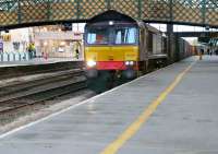 DRS 66429 undergoing a change of crew at Carlisle platform 3 on 18 October 2011. The train is the 4S44 Daventry - Coatbridge intermodal.<br><br>[Ken Browne 18/10/2011]