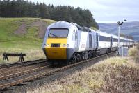 East Coast 43307 leads the diverted 09.48 Aberdeen - Kings Cross through Blackford, Perthshire, on 23 October 2011. 43208 brought up the rear.<br>
<br><br>[Bill Roberton 23/10/2011]