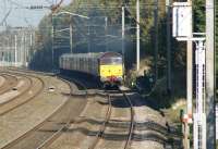 47790 leads the Glasgow Central to Chester <I>Northern Belle</I> charter south through Euxton on the Up Fast on 15 October with 47832 bringing up the rear. In the distance beyond the signal at danger is Euxton Junction with the line from Chorley, Bolton and Manchester coming in from the right. <br>
<br><br>[John McIntyre 15/10/2011]