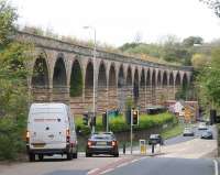 View north at Newbattle (aka Lothianbridge, Dalhousie, South Esk, Newtongrange etc) Viaduct on 19 October 2011 towards Edinburgh, with the A7 running alongside. <br>
<br><br>[John Furnevel 19/10/2011]