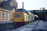 On a fine May evening in 1970, EE Type 4 No. 353 stands <br>
in the down WCML platform at Carnforth waiting to take participants in 'Scottish Grand Tour No. 10' back to Edinburgh. Main line trains had ceased to call at Carnforth with effect from the start of the new timetable the previous Monday and this was expected to be the last passenger working to use the platform.<br><br>[Bill Jamieson 09/05/1970]