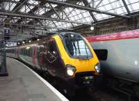 CrossCountry 220008 waits to leave Glasgow Central on 17 October with a service for Penzance.<br><br>[John Steven 17/10/2011]