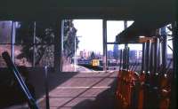 View from the signal box at East Grinstead in March 1986. One of the much-loved <I>Thumper</I> DEMUs has just arrived at the platform [see image 21569].<br><br>[Ian Dinmore /03/1986]