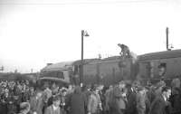 A4 Pacific no 60009 'Union of South Africa' at Peterborough on 24 October 1964 with the 7.50am Kings Cross - Newcastle Central RCTS/SLS <I>Jubilee Requiem</I>. The 10-coach special was run to mark the demise of A4 workings over the route. [See image 29900]<br><br>[K A Gray 24/10/1964]
