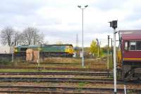 Freightliner 66564 with an Eastbound freight through Didcot on 3 November 2011 passes a static 66126 in EWS livery.<br><br>[Peter Todd 03/11/2011]