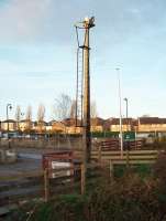 The electrified Morecambe to Lancaster Green Ayre line was a test bed for the Euston 25kv electrification and a variety of different catenary masts and other equipment were used along its short length. Almost all the artefacts were removed after closure but this concrete signal post survives as a lighting pole for the Trimpell Sports Club near to the former North Junction of this triangle of lines. Seen here from the trackbed cycle path, the surviving line to Heysham runs just in front of the houses in the background.<br><br>[Mark Bartlett 28/10/2011]