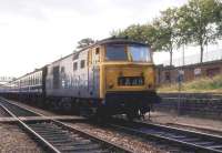 <I>Hymek</I> D7097 leaves Evesham on a Hereford to Paddington working on a summer evening in 1972. I had just travelled from Worcester behind the locomotive to the limit of the West Midlands Ranger ticket area. At the time I rightly surmised that it would be my last run behind a <I>Hymek</I> on the main line, and had no idea that I would later be able to ride behind sister loco D7076 on the East Lancashire Railway. D7097 was withdrawn from Bath Road in December 1972 but lingered at Swindon Works until cutting in March 1975. <br><br>[Mark Bartlett //1972]