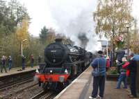 Working hard on the long climb into the Peak District, Black 5 45407 leads 44871 on <i>The Buxton Spa Express</i> railtour from Lancaster to Buxton on 5 November 2011, seen here passing Chapel-en-le-Frith.<br><br>[John McIntyre 05/11/2011]