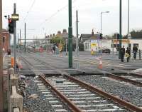 Broadwater level crossing is now complete and open for road traffic although the trams are not running again yet. View towards Fleetwood town centre. [See image 32509] for the same location nearly two years earlier. The tram stop, formerly on the far side of the road, has now been moved behind the camera.<br><br>[Mark Bartlett 09/11/2011]