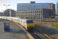 A northbound East Coast 225 passes the spartan facilities at Manors, shortly after leaving Newcastle Central on 12 November. On the right is a fragment of the old North Tyneside platform. [See image 18934]<br><br>[Bill Roberton 12/11/2011]