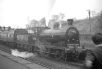 The SLPF <I>Covenanter</I> railtour from St Enoch [see image 36365] stands at Greenock Lynedoch station on 20 October 1962 during a photostop. Locomotive in charge (for the duration of the tour) is McIntosh 3F 0-6-0 no 57581.<br><br>[R Sillitto/A Renfrew Collection (Courtesy Bruce McCartney) 20/10/1962]