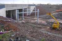 The 'head of steel' under the approach road at the east end of Gogar Tram Depot on 15 November 2011. The running lines are in the foreground.<br><br>[Bill Roberton 15/11/2011]