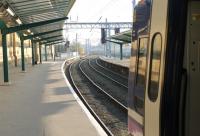 View south from Platform 6 at Carlisle Citadel with a 4-car Class 158 ready to depart with the 1404hrs service for Leeds via the Settle and Carlisle line. <br><br>[Mark Bartlett 16/11/2011]