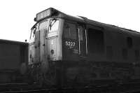 Close up of the front end of Class 25 no 5227 outside the shed at Aberdeen Ferryhill in the 1970s. Under the number is a clue that the loco has been based elsewhere as it retains a 'Bristol' sticker.<br><br>[John McIntyre /01/1973]