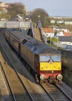 The Fife Circle add-on to the Spitfire Railtours <I>Edinburgh Explorer II</I> passes south through Kinghorn on 19 November 2011 with 57001 leading and 50044 + 50049 bringing up the rear.<br><br>[Bill Roberton 19/11/2011]