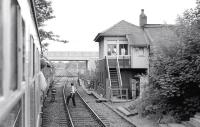 A DMU railtour passing Swing Bridge East signalbox, Falkirk, on 13 June 1992.<br><br>[Bill Roberton 13/06/1992]