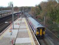 An unusual combination on a <I>bonfire night</I> Leeds to Morecambe service. Single unit 153358 and 3-car Pacer 144017 leave Platform 5 at Lancaster heading for Morecambe after reversal. 2-car Pacers usually suffice for these <I>Little North Western</I> line services. <br><br>[Mark Bartlett 05/11/2011]