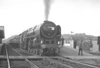 Britannia Pacific no 70013 <I>Oliver Cromwell</I> stands at Chesterfield on 9 June 1968 with the <i>'Midland Line Centenary Special Railtour'</i> on its return south following a visit to Manchester Victoria [see image 32850].<br><br>[K A Gray 09/06/1968]