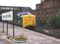 An unidentified Deltic about to restart an ECML service from a wet Berwick station in 1981.<br><br>[Ian Dinmore //1981]