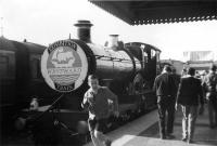 City of Truro on an exhibition train at Weston-super-Mare, Locking Road, in 1961. Locking Road was a 4-platform station, opened in 1866 as <I>'Weston Super Mare Excursion Platform'</I> until the name change in 1930. It was roughly on the site of the original terminus, built when Weston was served by a horse-drawn spur (until the loop was built in 1884). Locking Road closed in September 1964.<br><br>[John Thorn //1961]