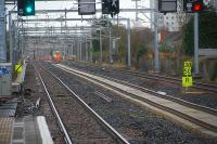 View looking east from Hillington East. Not much traffic due to a line possession. The tamper is by Cardonald Junction. [See image 19023] for the 2008 version of this view.<br><br>[Ewan Crawford 27/11/2011]